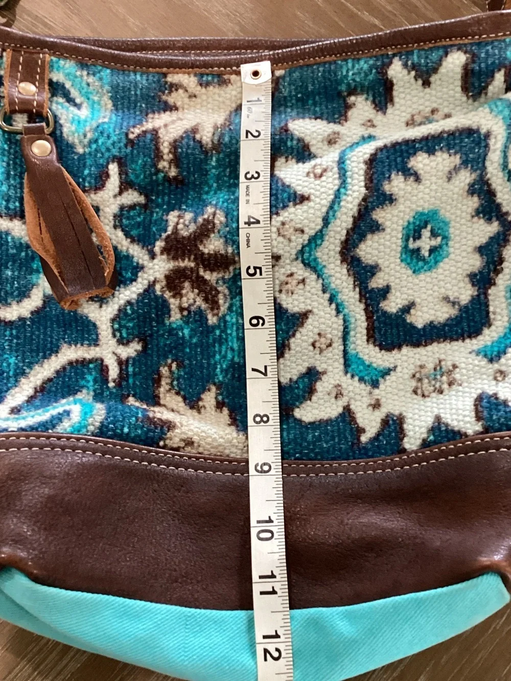 Pre owned Turquoise Patterned Shoulder Bag with Brown Trim